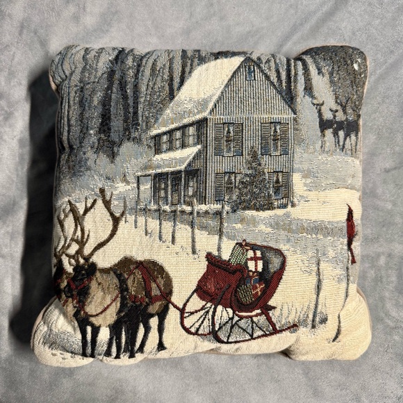 Winter Scene Decorative Pillow with Reindeer and Sleigh | Christmas - Picture 1 of 2